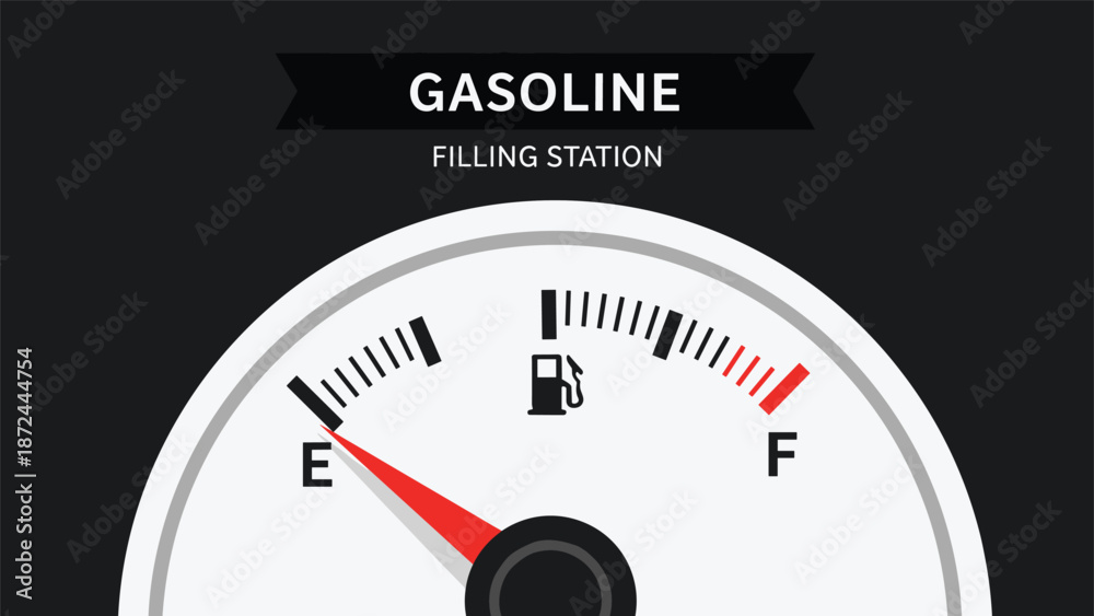 Fototapeta premium Close up view of a car fuel gauge indicates that the gasoline tank is nearly empty with the red needle pointing towards the letter e on the dial.