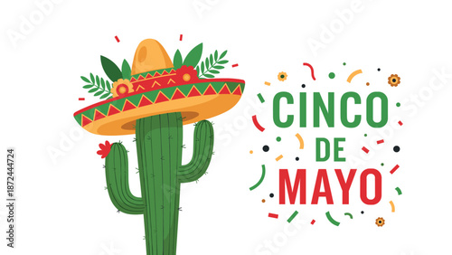 Cinco de Mayo celebration graphic features a green cactus wearing a traditional Mexican sombrero surrounded by festive confetti and typography.