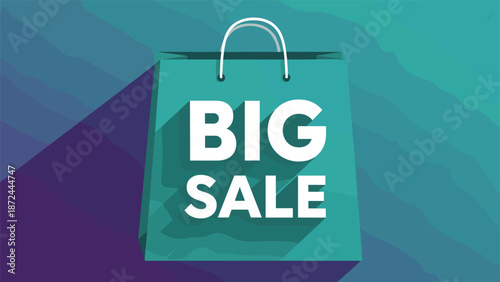 Promotional shopping bag for a big sale event features bold white typography on a teal background with long shadows and abstract purple shapes.
