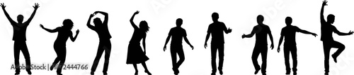 Collection of people silhouettes in various active poses, men and women dancing and cheering vector icons, group of human figures black isolated shapes,