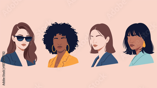 Stylized portraits of four fashionable women with different hairstyles and skin tones are shown in a modern minimalist flat illustration style.