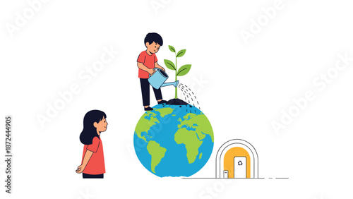 Children taking care of the environment by watering a young green plant on top of the earth globe to promote sustainability.