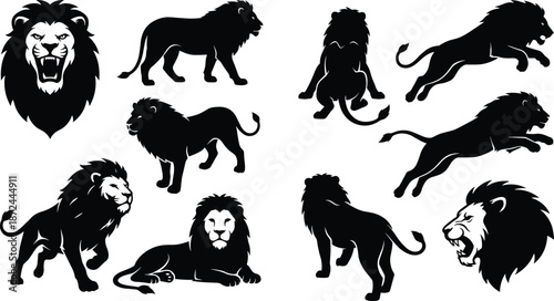 Lion silhouette, roaring lion, majestic beast, wild feline, animal pose, black outline, sitting lion, walking lion, nature art, predator stance