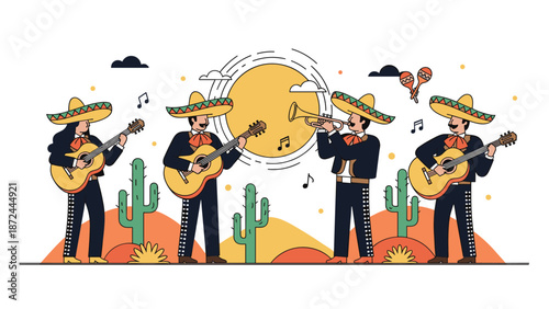 Mariachi musicians in traditional outfits playing guitars and trumpet in a desert setting with sun and cactus illustrations.