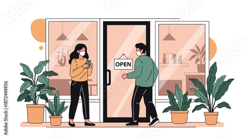Man and woman wearing protective face masks while entering a store with an open sign to show safety measures and hygiene.