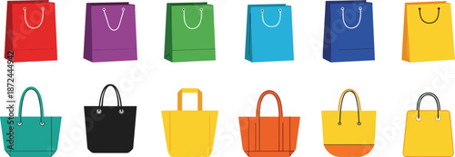 Colorful shopping bags and tote bag collection, paper gift bags with handles vector icons, multi colored retail shopping set, fashion accessory design mockup.