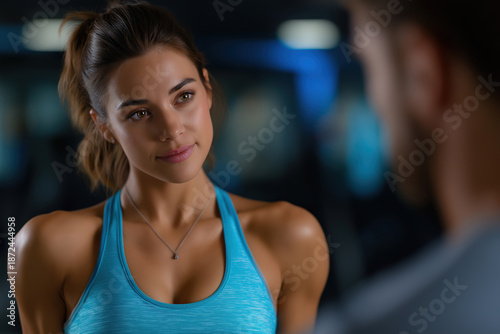 Woman listens to man while exercising in gym during daytime hours Free Download Woman listens to man while exercising in gym during daytime hours - GFXLoad