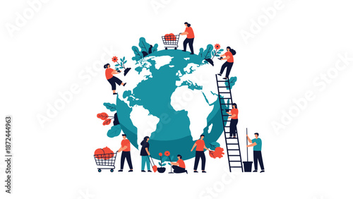 Global environmental protection concept with diverse people planting trees and flowers all around the world map background.