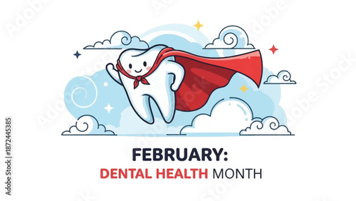 Smiling tooth superhero in red cape flying in clouds for dental health month