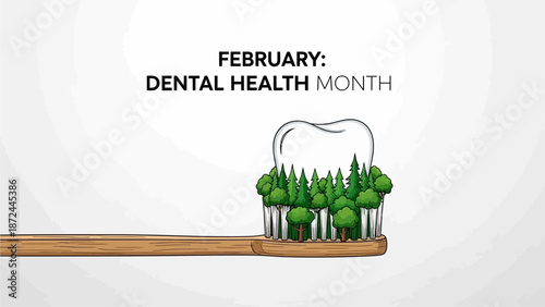 Dental health month illustration with creative toothbrush and trees