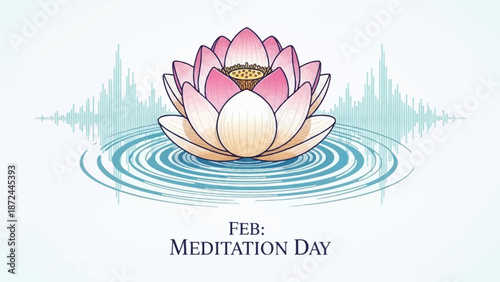 Vibrant pink lotus flower on calm water with sound waves on meditation day