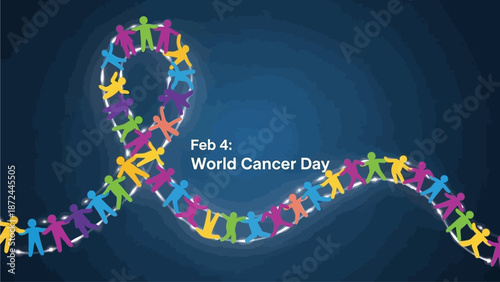 Colorful people chain supporting World Cancer Day on February 4th