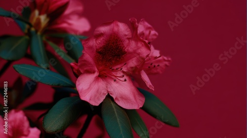 赤い壁に明るいピンクの花が咲きます