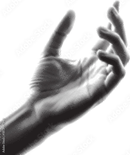 Abstract halftone human hand gesture: a monochromatic dot art representation of reaching, holding, or giving with classic retro vintage style and modern digital effect on a pure white background