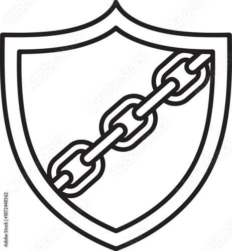 Heavy-duty security and unbreakable protection icon featuring a shield reinforced with a thick metal chain, strength and safety concept