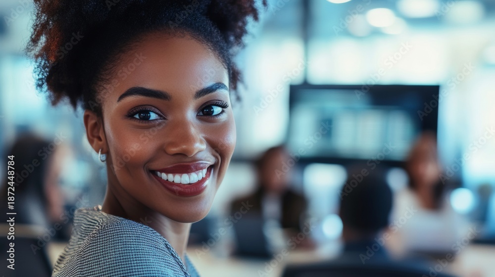 Obraz premium A professional African American female with a radiant smile and an elegant style, standing confidently in an office environment amidst blurred colleagues, embodying success and achievement.