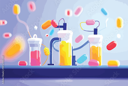 An illustration depicts a stylized pharmaceutical production line with colorful pills and capsules being manufactured in a modern, clean environment, emphasizing health and medicine.