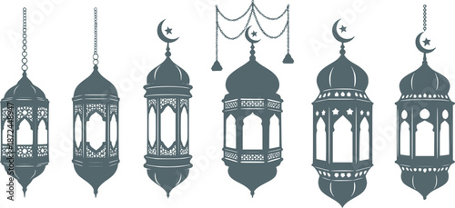 Islamic Lanterns and Stars Hanging on Dotted Lines