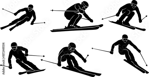 Black silhouette set of skiers in motion, winter sports vector illustration, skiing poses with poles, downhill action, isolated on white background
