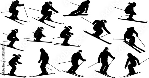 Black silhouette set of skiers in motion, winter sports vector illustration, skiing poses with poles, downhill action, isolated on white background
