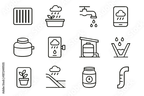 Rain pipe container catch ground icons smart wall slope vector icon rainwater