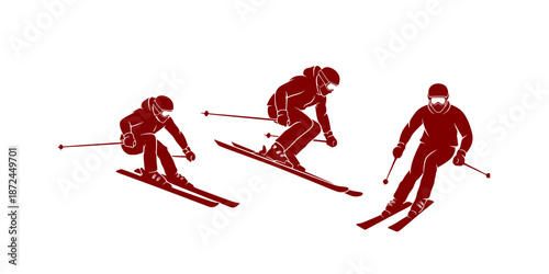 Black silhouette set of skiers in motion, winter sports vector illustration, skiing poses with poles, downhill action, isolated on white background
