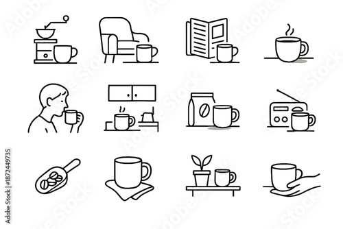 Roast scene mug corner moment scoop icons plant morning vector coffee icon