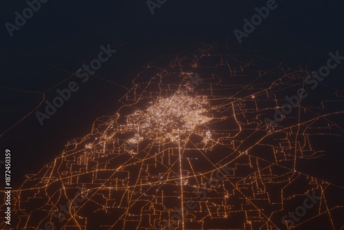 Aerial shot of Multan (Pakistan) at night, view from south. Imitation of satellite view on modern city with street lights and glow effect. 3d render