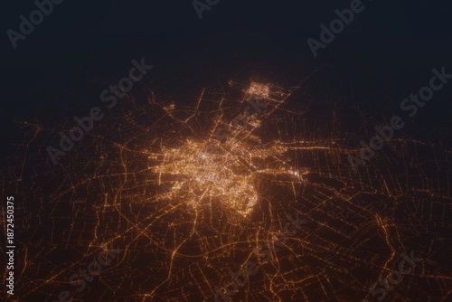 Aerial shot on Lublin (Poland) at night, view from west. Imitation of satellite view on modern city with street lights and glow effect. 3d render