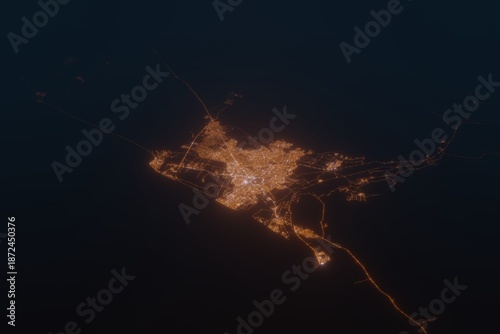 Aerial shot of Trujillo (Peru) at night, view from south. Imitation of satellite view on modern city with street lights and glow effect. 3d render