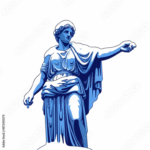 Greek statue of goddess shown in blue tones, elegant flowing drapery on white. Majestic Greek statue features graceful female figure, noble pose, outstretched arm.