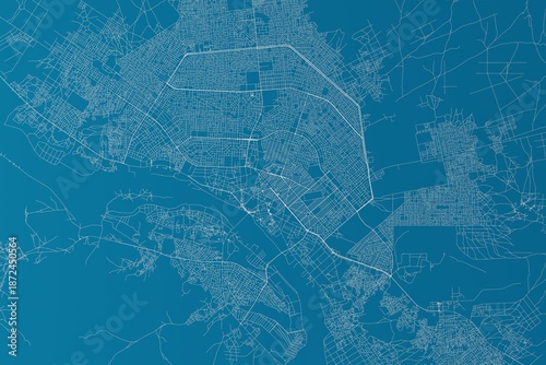 Map of the streets of Niamey (Niger) made with white lines on blue background. 3d render, illustration
