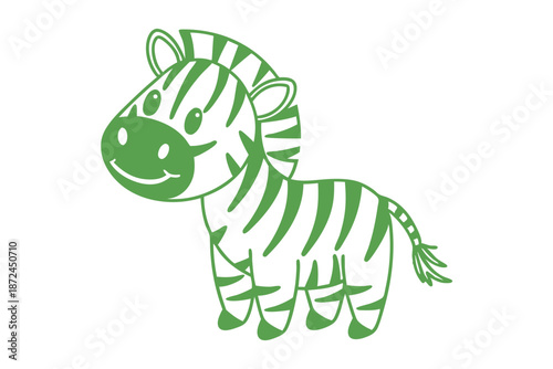 A stylized green zebra with a happy smile stands confidently on white backdrop