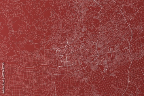 Map of the streets of Kumamoto (Japan) made with white lines on red background. Top view. 3d render, illustration