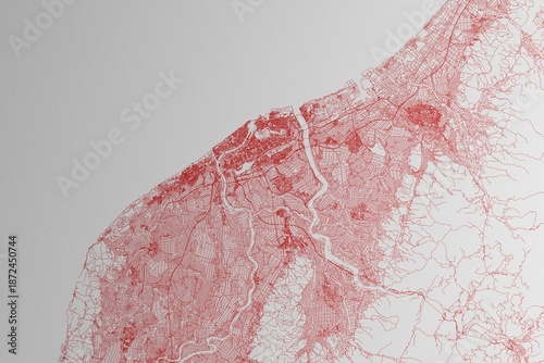 Map of the streets of Niigata (Japan) made with red lines on white paper. 3d render, illustration