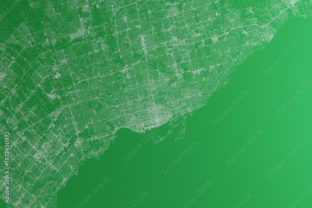 Obraz premium Map of the streets of Toronto (Canada) made with white lines on green paper. Rough background. 3d render, illustration