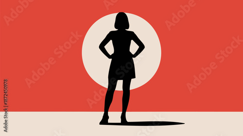Woman Silhouette in Front of Large Circle and Red Background
