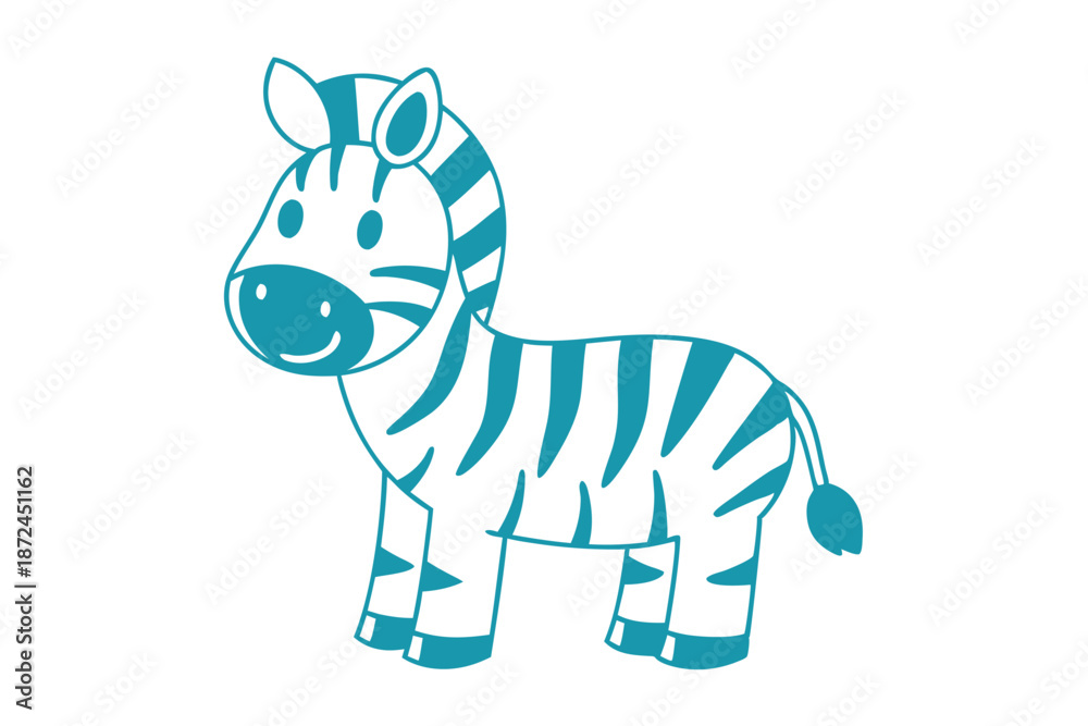 Fototapeta premium Cute teal outlined zebra smiles gently while standing against a plain white background