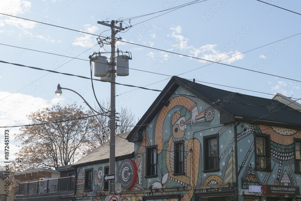 Obraz premium exterior building facades with mural and sign of Collective Arts, a brewery/bar/retail space, located at 777 Dundas St W, Toronto