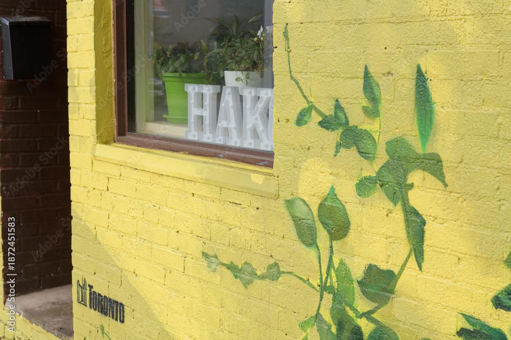 Fototapeta premium mural on exterior wall of Hako · Noodle Bar, a Japanese noodle bar and café located at 870 Dundas St W in Toronto (minimalist, gallery‑like café serving espresso, tea, breakfast sandwiches)