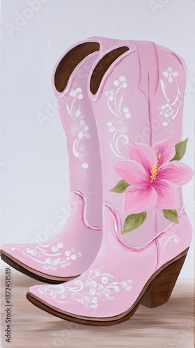 pink cowboy boots with pink flowers on a white background
