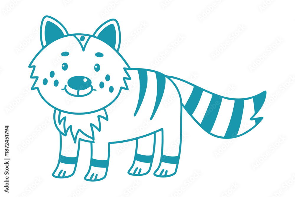 Obraz premium A teal cartoon raccoon with stripes is standing and looking happy on white