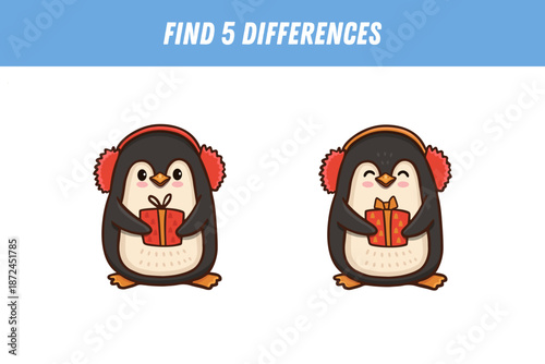 Find 5 differences between two pictures of cute penguin. Cartoon animal. Educational logical game for children. Vector illustration