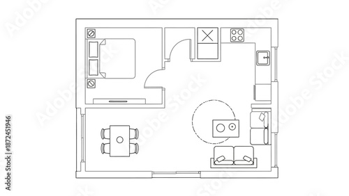 A detailed floor plan of a compact apartment, showcasing a bedroom, living area, dining space, and kitchen.