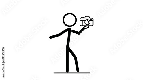 Stickman Holding Camera Icon, Photography Concept on Isolated White Background