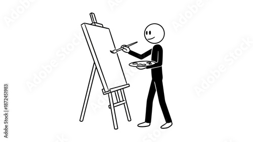 Happy stick figure artist painting on an easel with brush and palette, creative activity on isolated white background