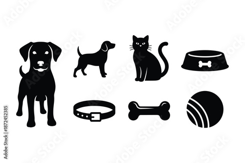 Pet care and domestic animal icons featuring dogs and cats