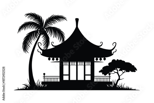 Traditional Asian Pagoda Silhouette with Tropical Palm and Bonsai