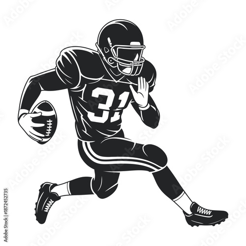 Vigorous monochrome illustration of an American football player in full gear, energetically carrying the ball during a competitive game