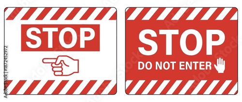 Red and white stop signs with directional arrows and warning text